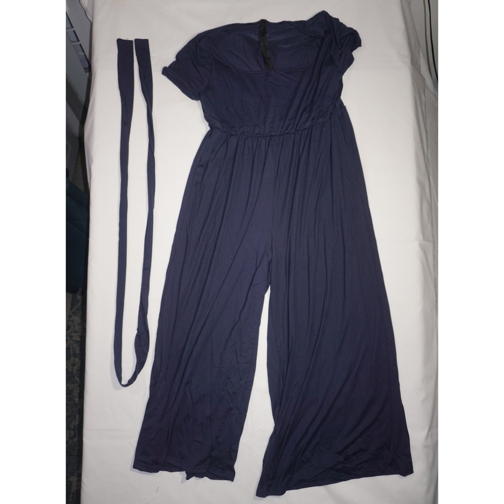 Navy Blue 3XL Wide Leg Jumpsuit Polyester Short Sleeve With Tie Belt